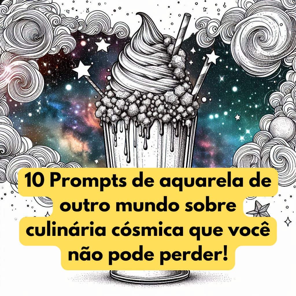 Explore 10 Prompts de aquarela para criar arte de culinária cósmica usando plataformas de IA como Midjourney e DALL-E